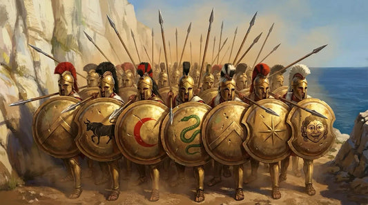 Greek hoplites with round bronze shields forming a wall across a narrow coastal pass