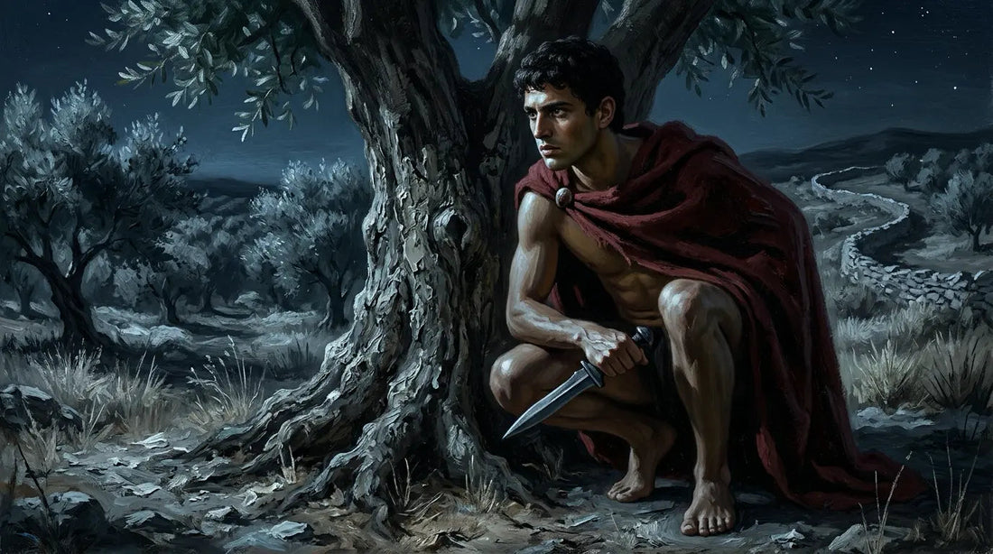 Young Spartan crouching in moonlit olive grove gripping a dagger, alone in the Messenian countryside at night