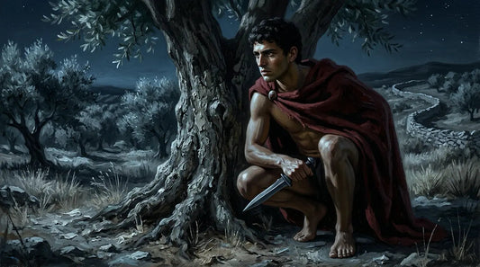 Young Spartan crouching in moonlit olive grove gripping a dagger, alone in the Messenian countryside at night