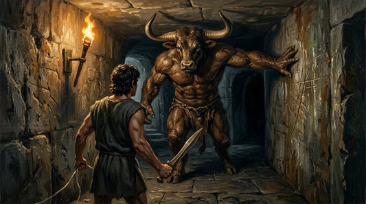 The Minotaur Asterion turning to face an intruder in the torchlit corridors of the Cretan labyrinth