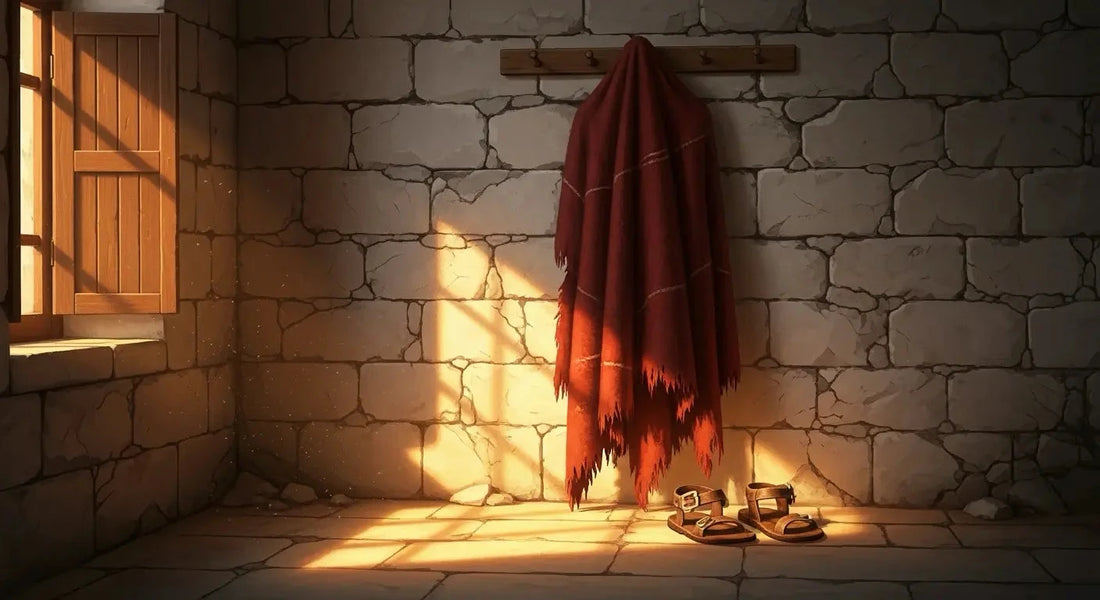 A single red cloak hanging on a stone wall beside worn sandals and a wooden training sword