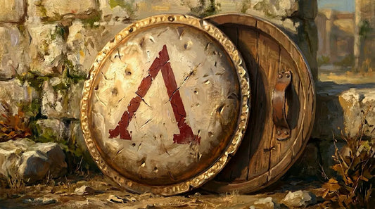 Close-up of a battered Spartan aspis with a faded lambda device on bronze
