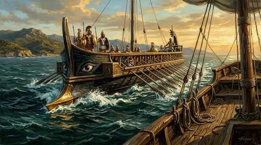 Athenian trireme cutting through dark Aegean water at battle speed with bronze ram catching sunlight