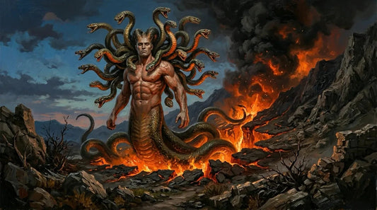 Oil painting of the monster Typhon with serpent coils and fire erupting from a volcanic landscape in ancient Greek style