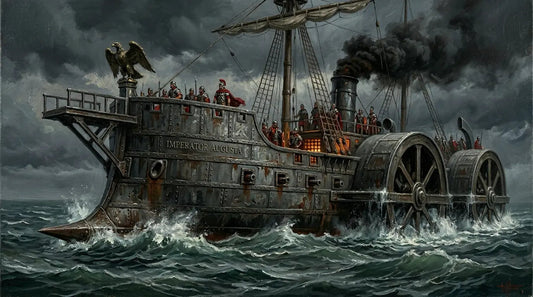 An ironclad Roman quinquireme with paddle wheels and cannon ports, cutting through grey seas under storm clouds