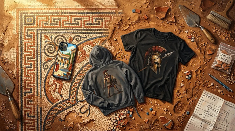 Mosaic floor at an excavation site, half-uncovered in the dirt, with an iPhone case, black hoodie, and black t-shirt arranged across it. A trowel, brush, and site plans sit around the edges.