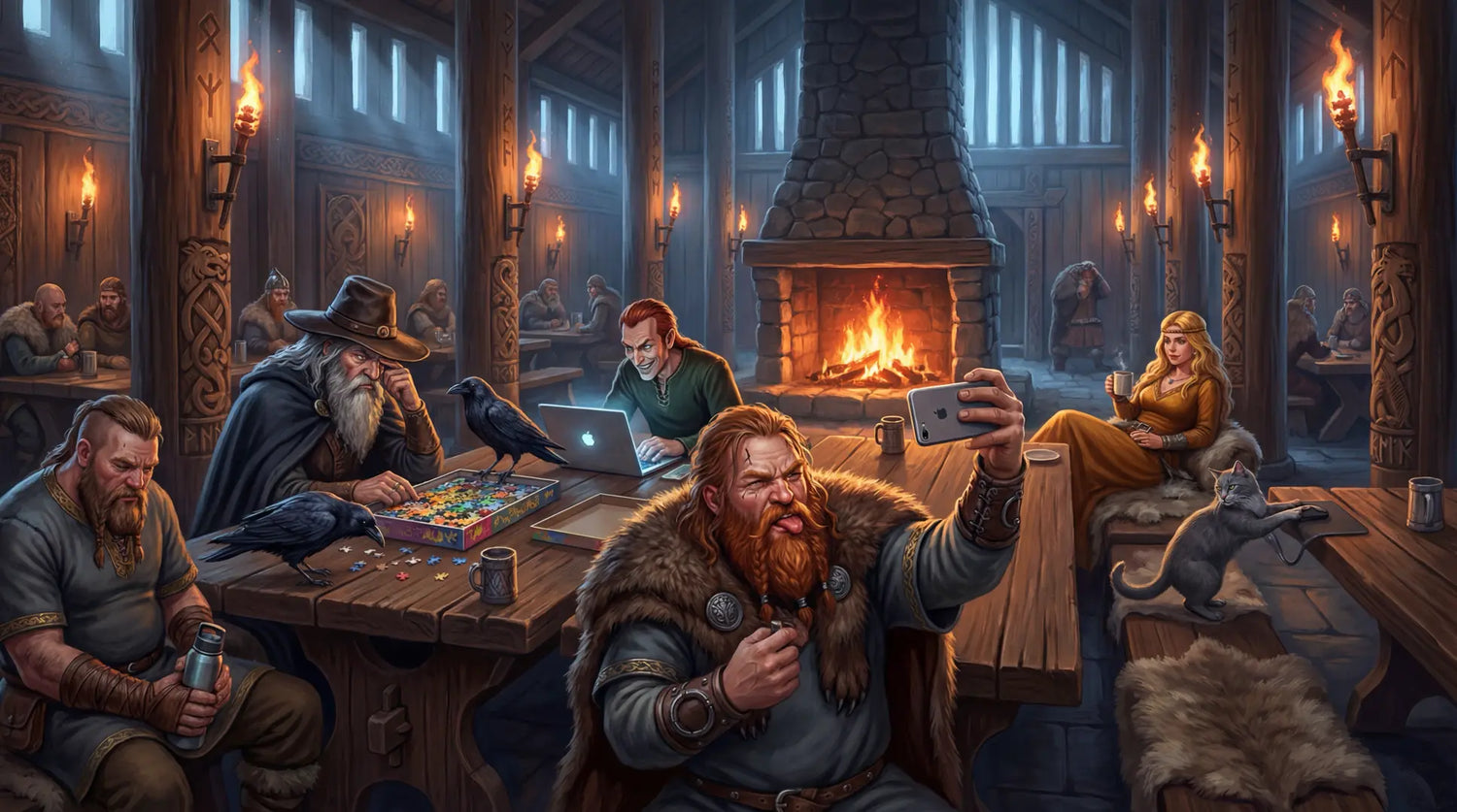 Norse gods in a mead hall with modern products, Thor holding a phone upside down while Odin studies a jigsaw puzzle and Freja drinks coffee from a mug