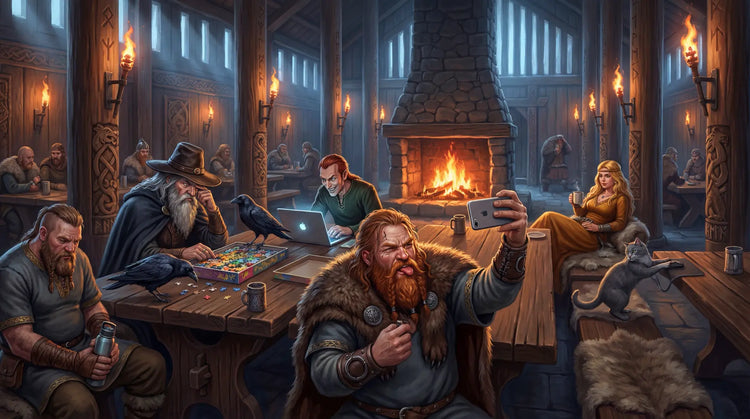 Norse gods in a mead hall with modern products, Thor holding a phone upside down while Odin studies a jigsaw puzzle and Freja drinks coffee from a mug