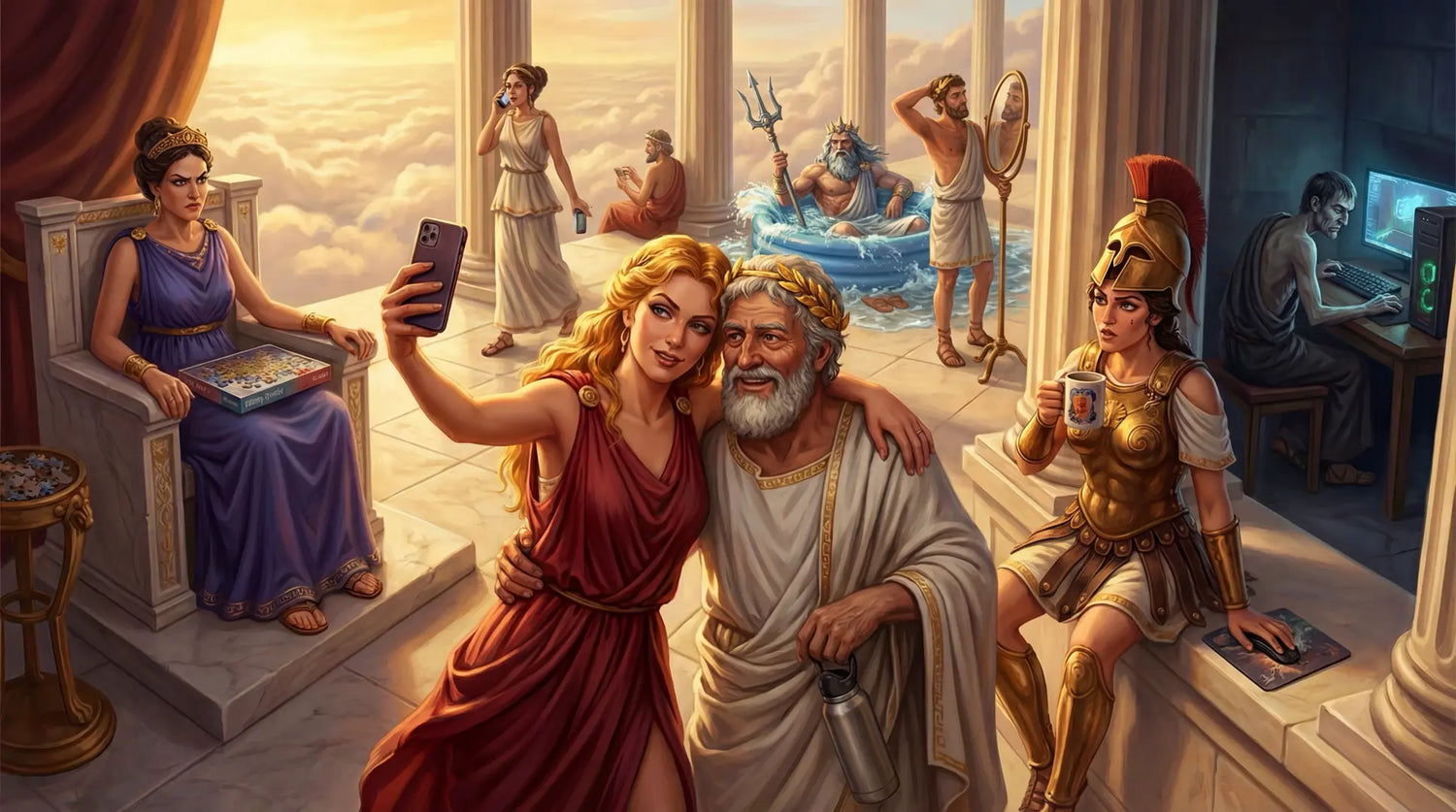 Greek gods on Mount Olympus with modern products, Aphrodite taking a selfie with Zeus while Hera glares from her throne