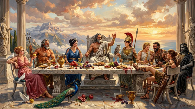 Gods of Greek Mythology feasting on Mount Olympus, oil painting style, ancient Greece