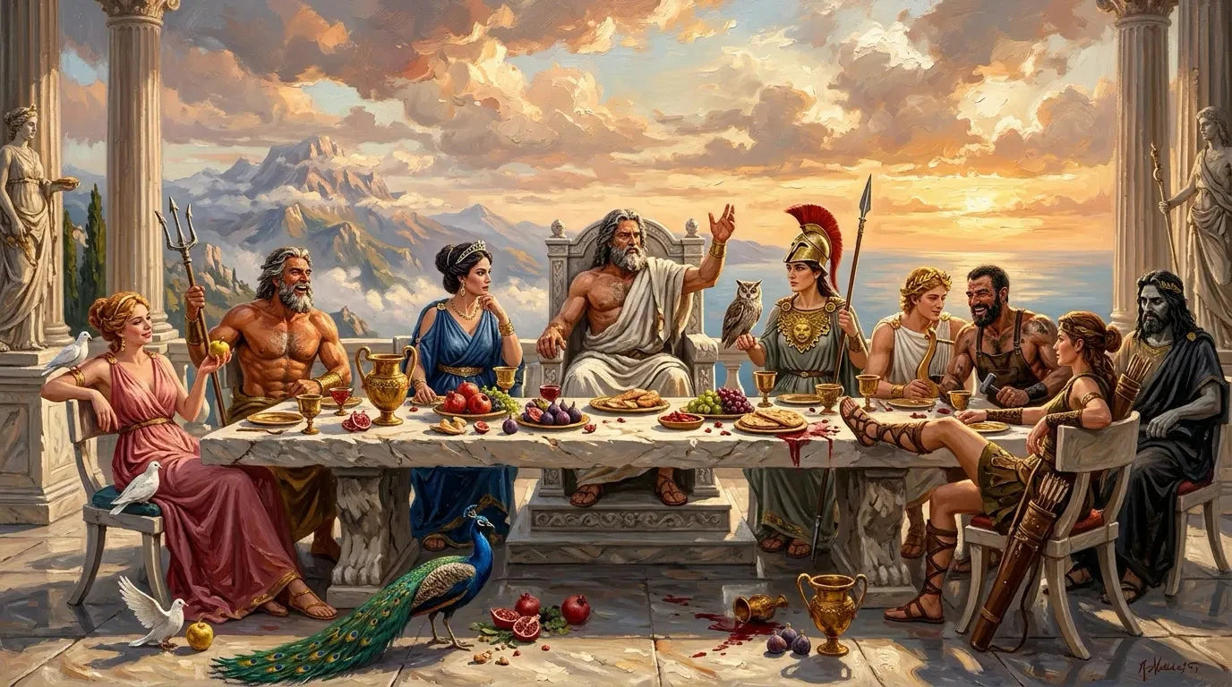 Gods of Greek Mythology feasting on Mount Olympus, oil painting style, ancient Greece