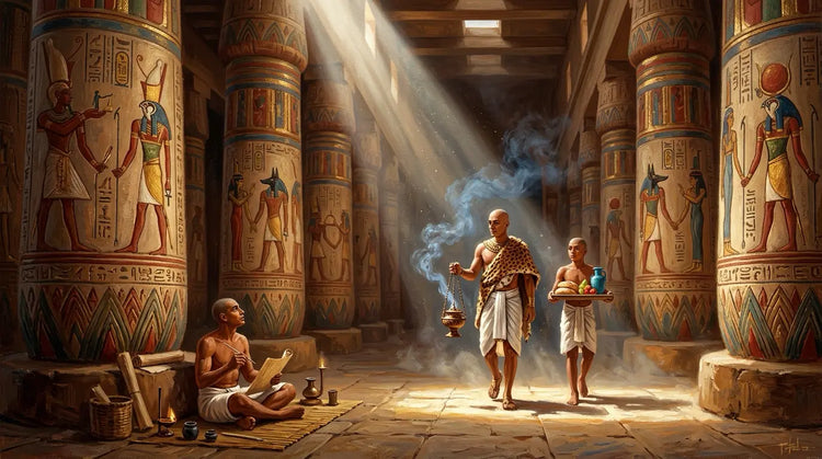 Priest carrying incense through a painted hypostyle hall in ancient Egypt, oil painting style