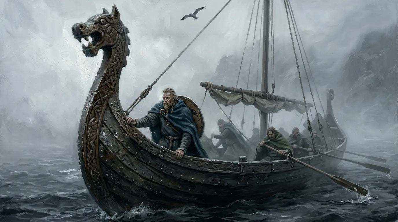 Viking longship emerging through coastal fog with dragon-head prow and crew, oil painting style