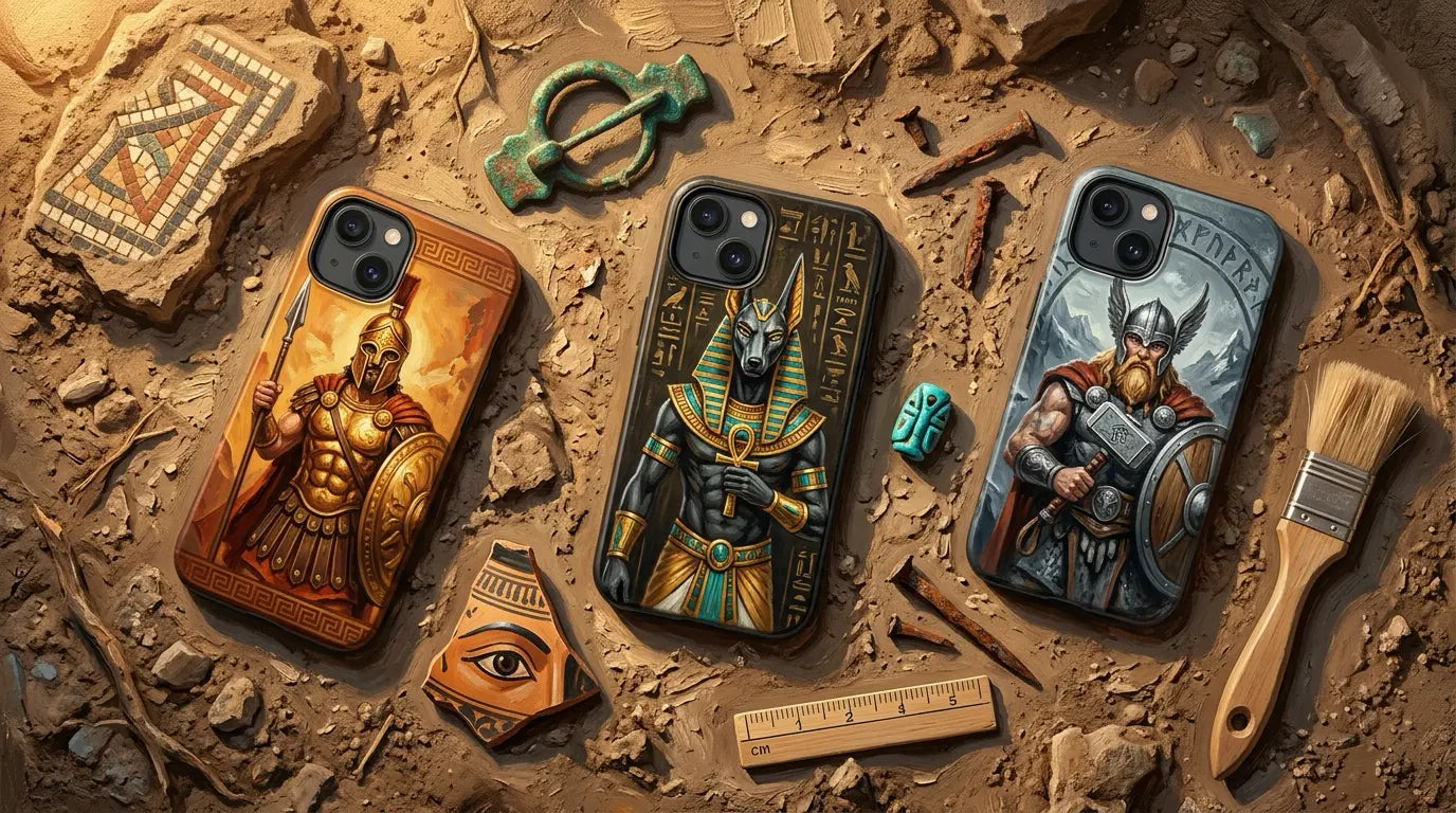 Three ancient history phone cases on an archaeological excavation surface with artefacts and tools
