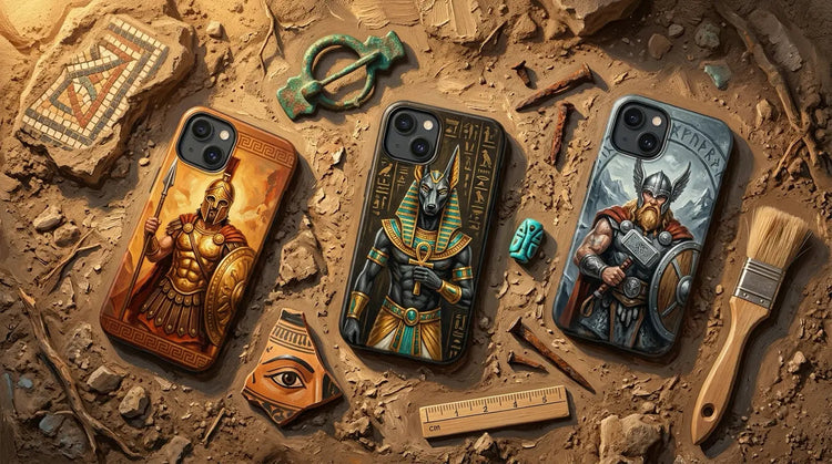 Three ancient history phone cases on an archaeological excavation surface with artefacts and tools