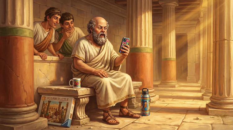 Socrates surrounded by modern products on a stone bench, staring at a phone case in shock while two students peer over his shoulder