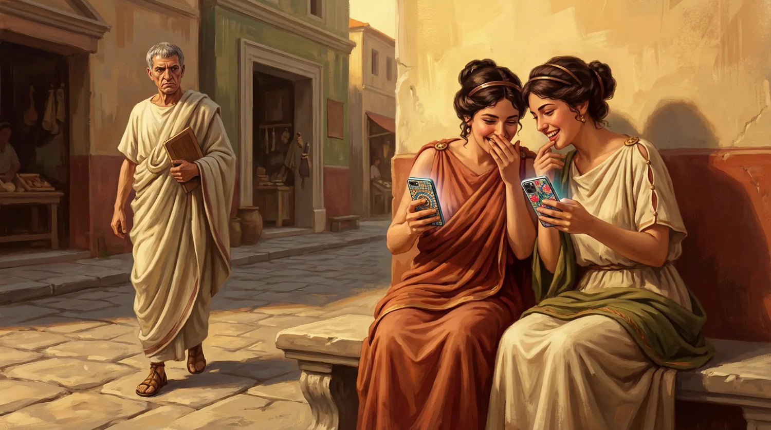 Two Roman women laughing together over phone cases on a stone bench while Juvenal scowls as he walks past